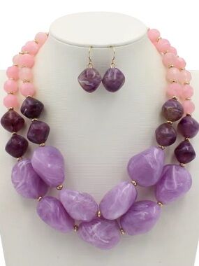 Handmade Purple & Pink Statement Beaded Necklace with Matching Earrings